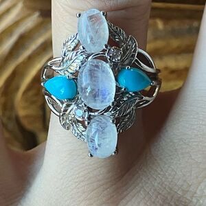 Natural Sleeping Beauty Turquoise Rainbow Moonstone Ring Size 8